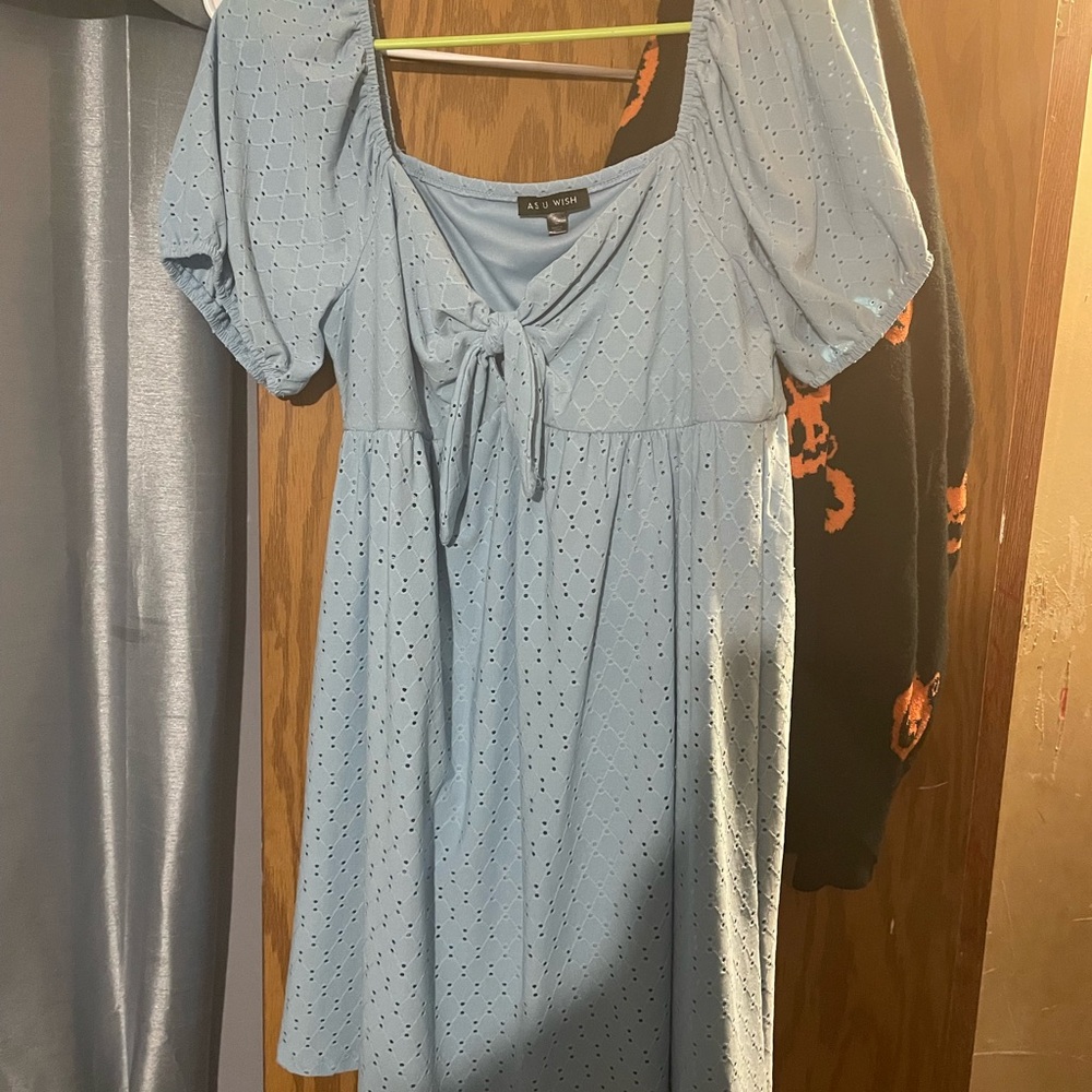 As U Wish Blue Pleated Tie Front Puff Sleeve Mini Dress